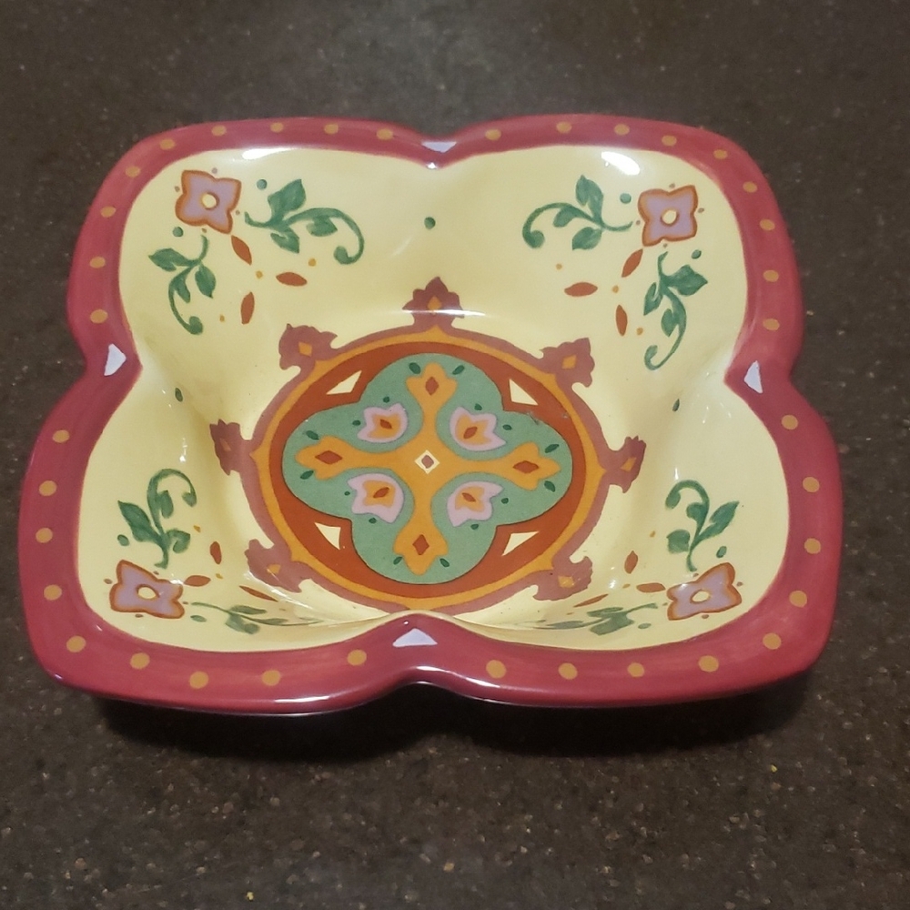 Partylite Bohemian Spice Pillar Footed Bowl. Red and Cream Ceramic Bowl.